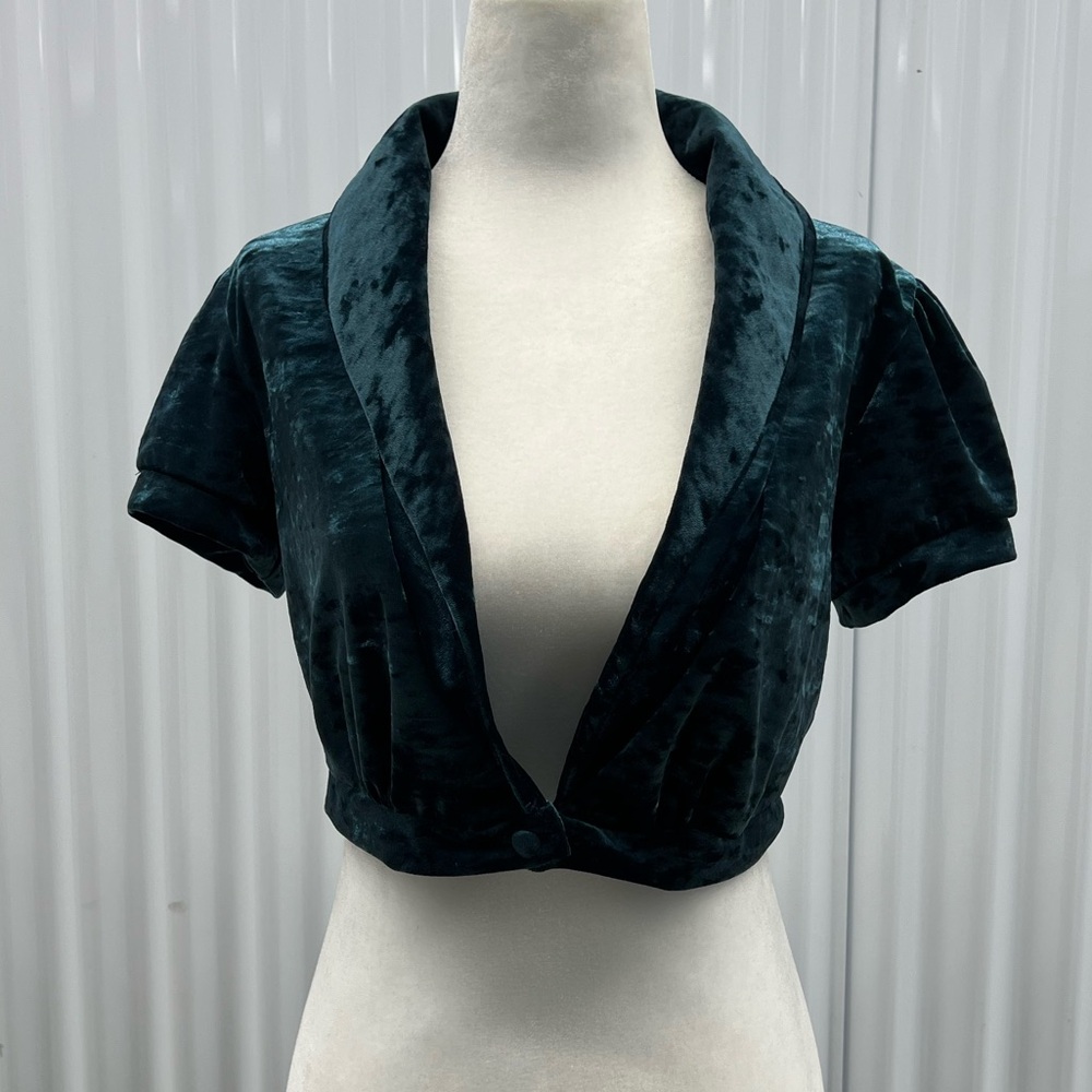 Y2K Miken Crushed Velvet Cropped Shrug Jacket | Teal Blue | Size L